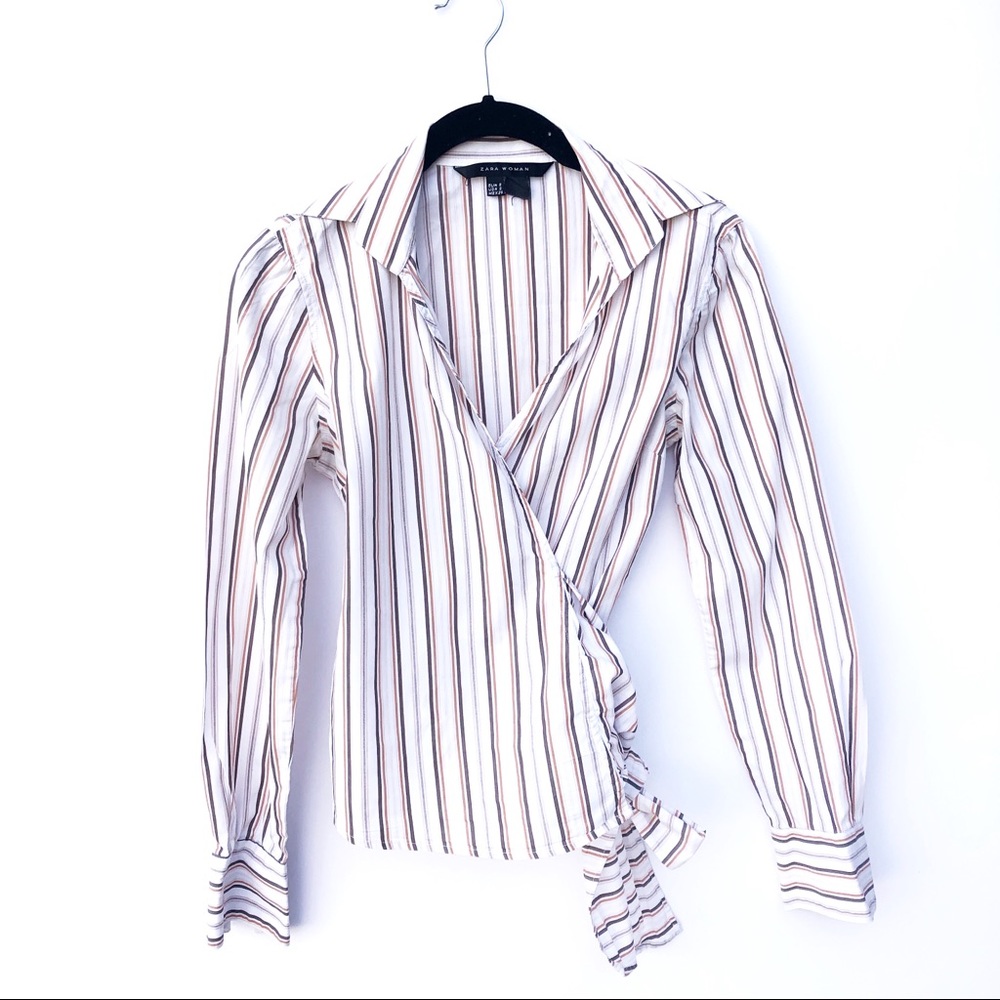 Zara Woman Striped Wrap Long Sleeve Top - Picture 2 of 6